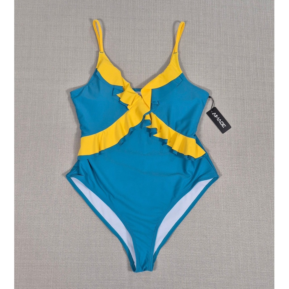 AIMAGE Womens Ruffle V-Neck One Piece Swimsuit Blue Yellow XL NWT